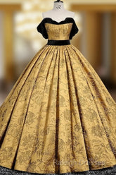 A-Line Off Shoulder Satin Gold Long Prom Dresses, Gold Long Formal Dresses